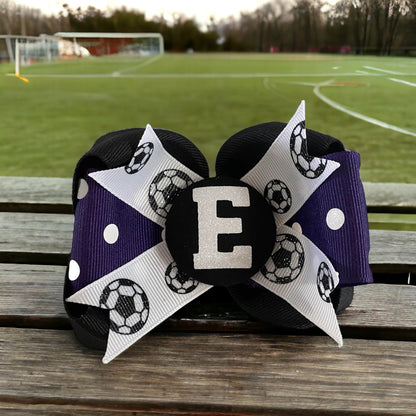 Glitter Football Hair Bow with Initial, Black White Gray or Choose Colors