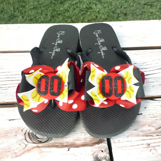 Softball Bow Flip Flops with Glitter Number,  Made in Team School Colors for Girls and Moms Ladies