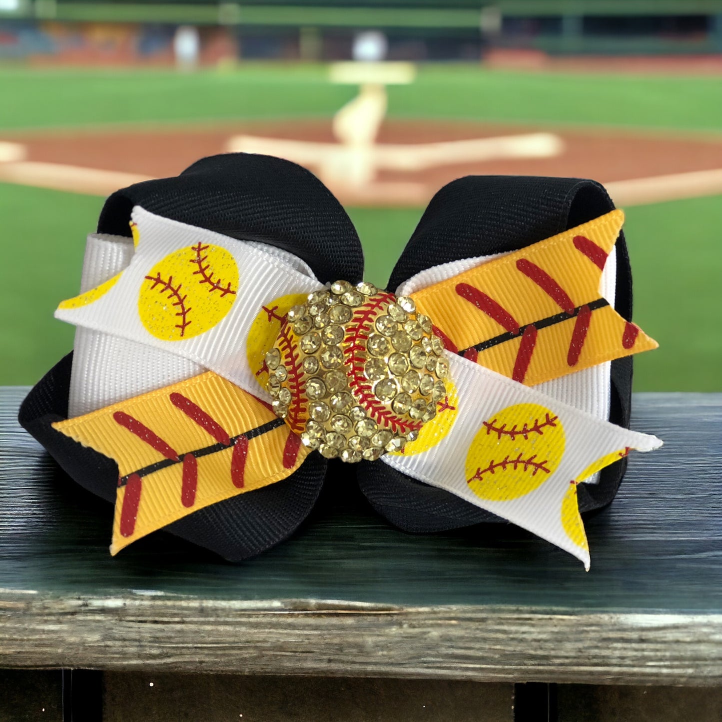 Hair Bow - Softball Glitter Ribbons with Rhinestone Bling