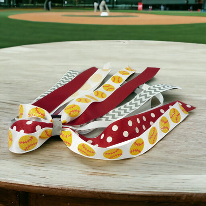 Softball Ponytail Bow in Red Polka, Gray Chevron, White Ribbons