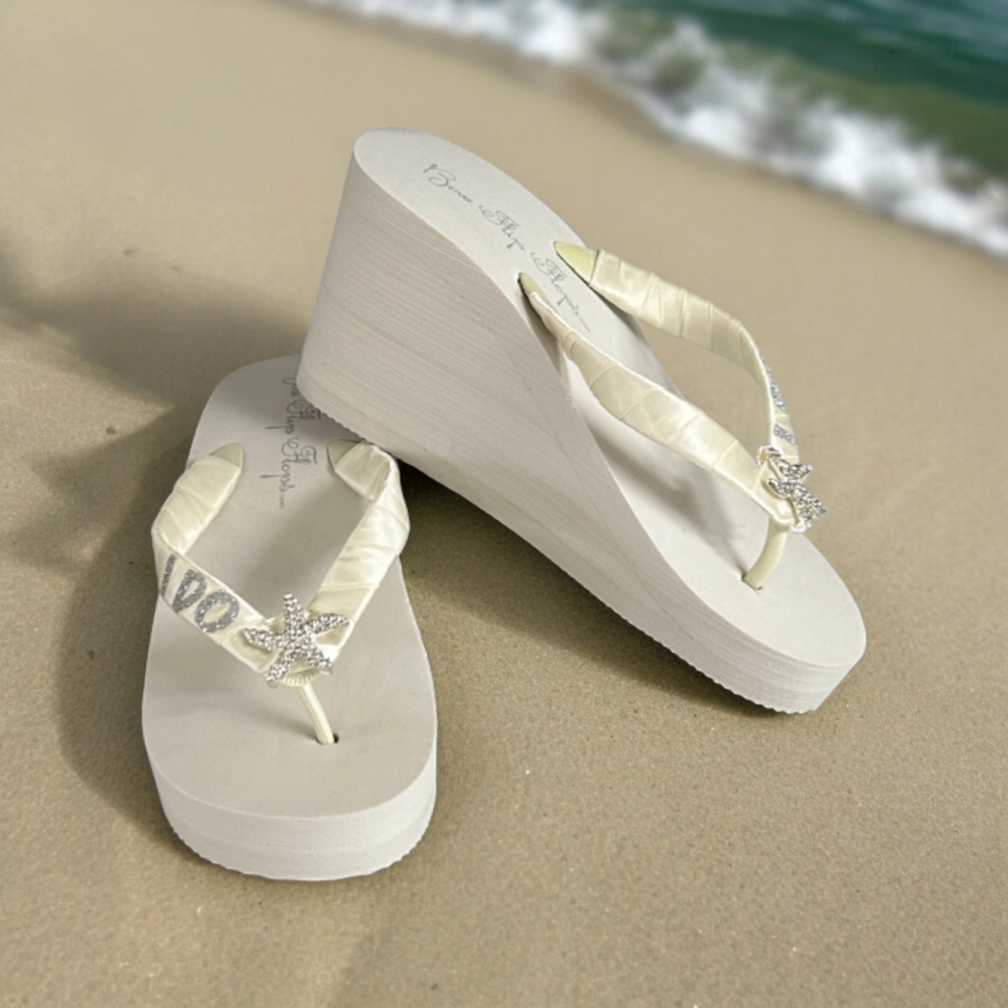 Bridesmaid Glitter Flip Flops with Vintage Flower Rhinestone Embellishment - Customizable