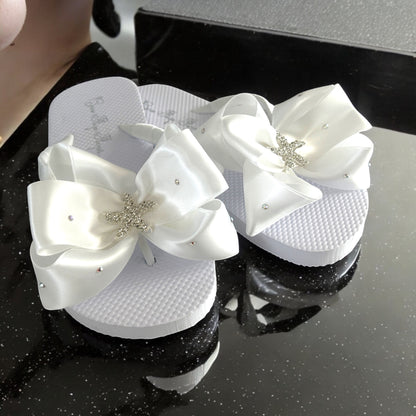 Pearl Bow Flip Flops with Crystal Rhinestone Accents, White or Ivory