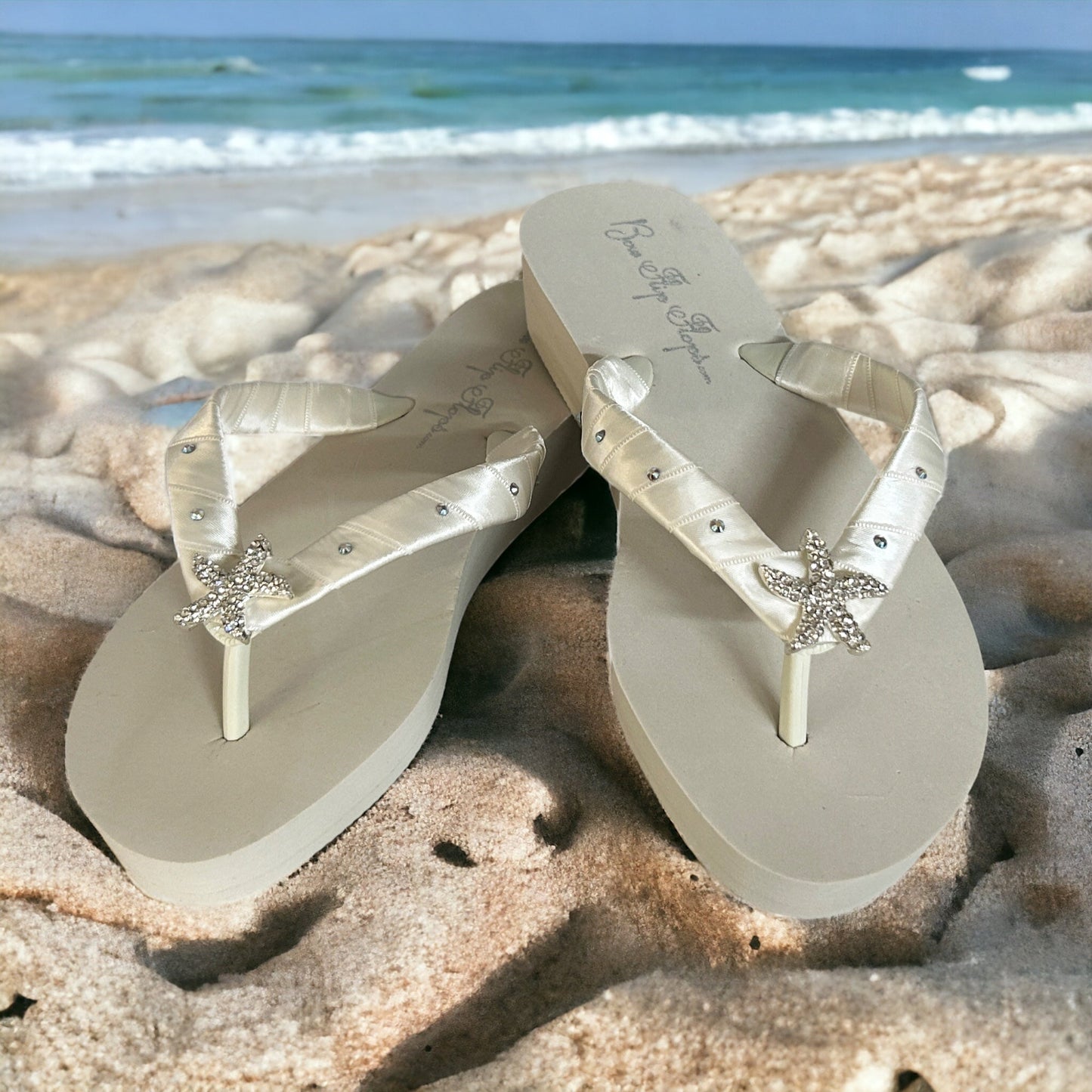 Silver Starfish High Wedge Flip Flops with Swarovski Rhinestone Accents, Choose Heel Height & Colors