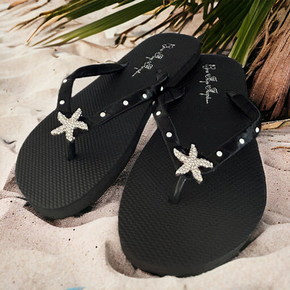 Rhinestone & Black Satin Heart Flip Flops with Swarovski Crystal Accents