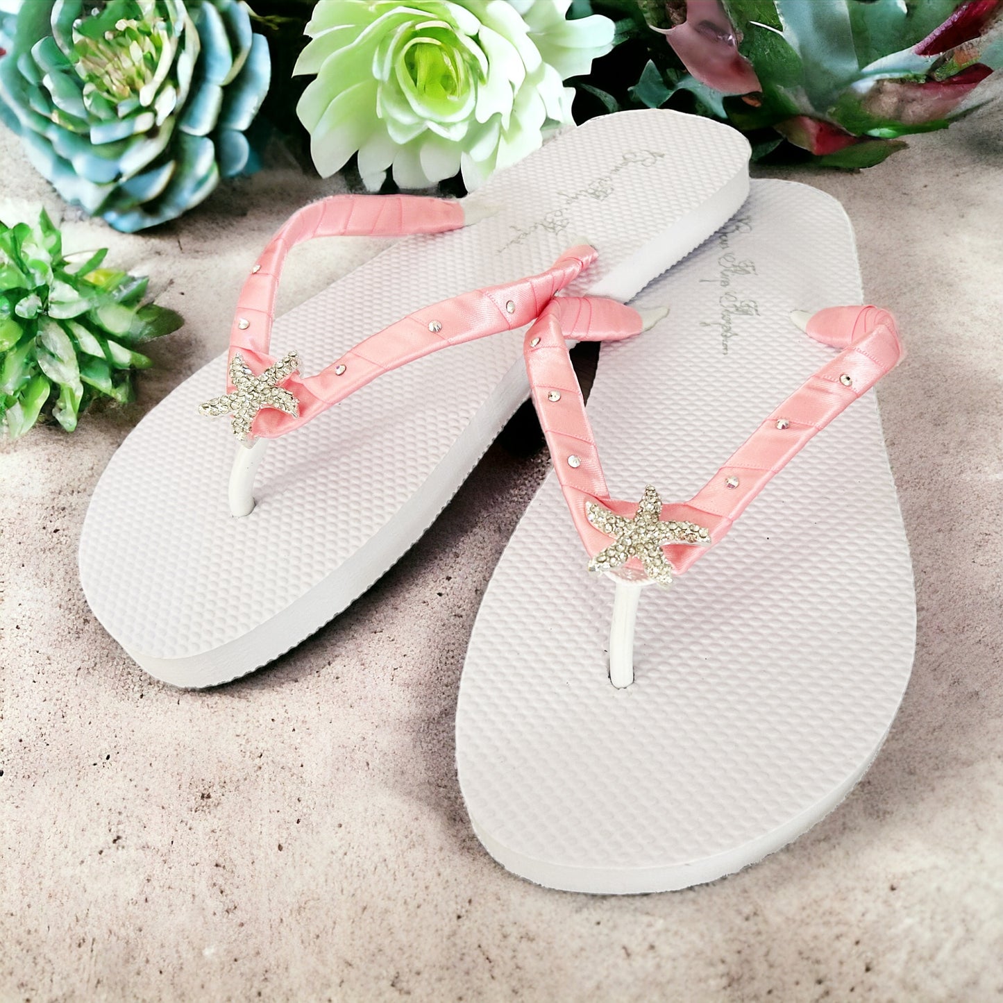 Rhinestone Embellishment Flip Flops with Crystal Accents on Satin Straps - Customized