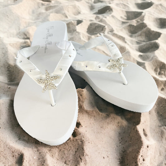 White or Ivory Satin & Rhinestone Flip Flops with Crystal Swarovski Sparkle, Starfish