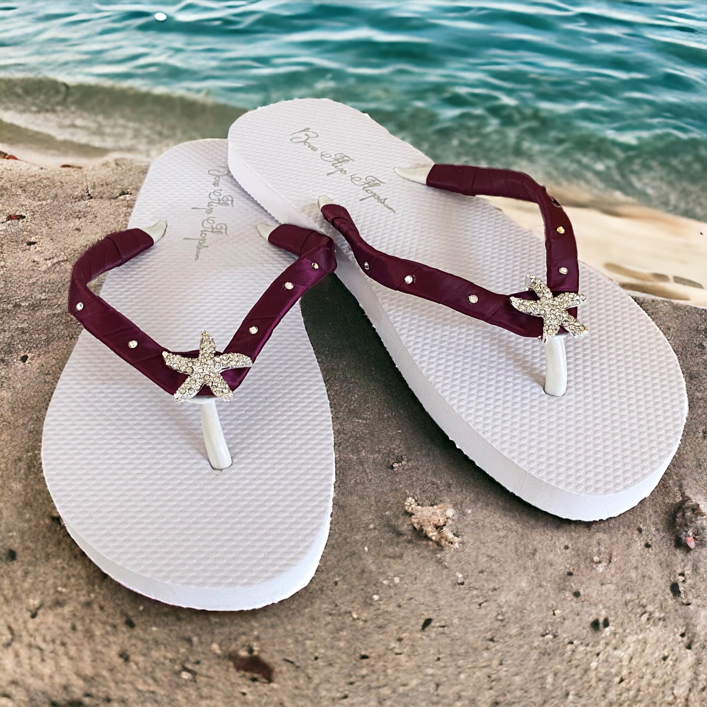 Silver Starfish High Wedge Flip Flops with Swarovski Rhinestone Accents, Choose Heel Height & Colors