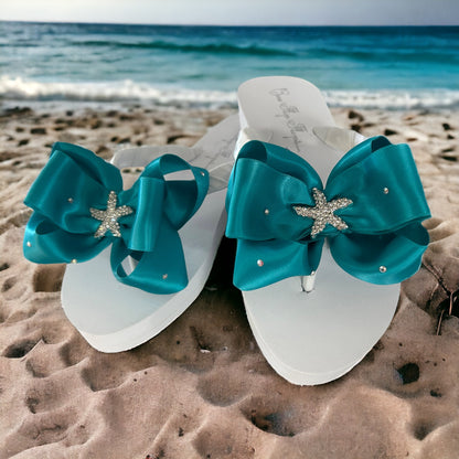 Starfish Turquoise Bow Flip Flops with Crystal Rhinestone Accents, White or Ivory