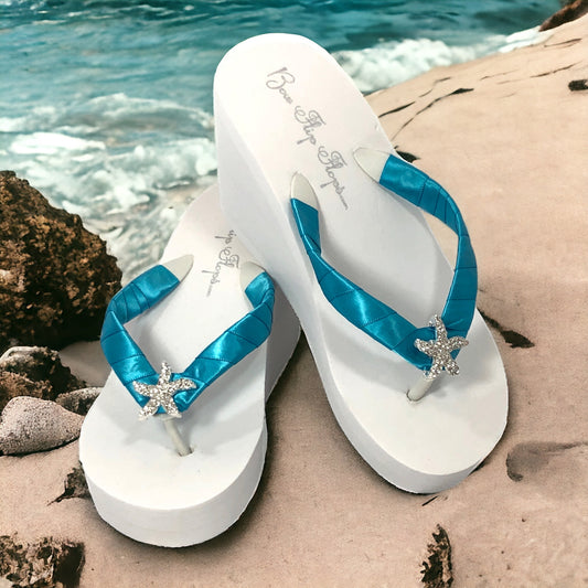 Starfish Turquoise Blue Satin Rhinestone Wedge or Flat Flip Flops