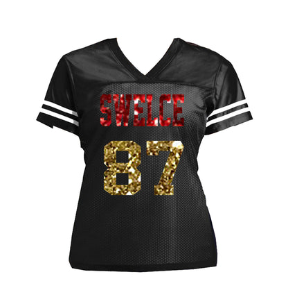 Black/Silver - Swelce 87 Glitter Football Jersey for Taylor Swift Trav Sparklez Apparel Black/Silver - Swelce 87 Glitter Football Jersey for Taylor Swift Trav Sparklez Apparel
