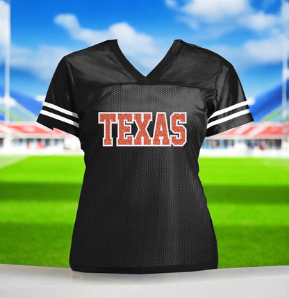 Texas Jersey Glitter Football Shirt for Ladies, College White  Longhorns Black Orange