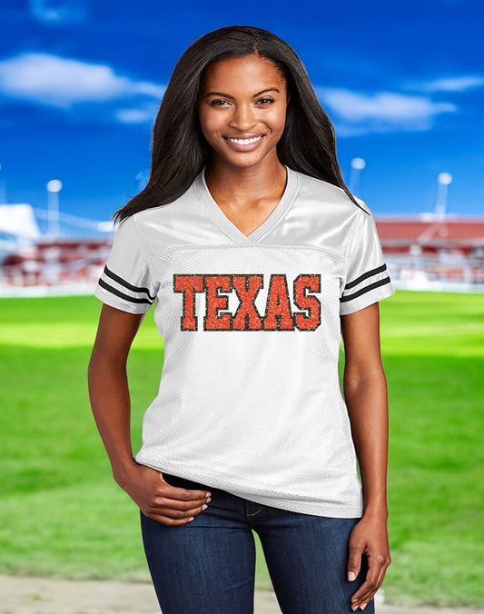 Texas Jersey Glitter Football Shirt for Ladies, College White  Longhorns Black Orange