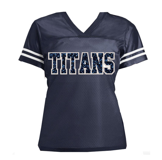 Titans Glitter Women’s Jersey Football Shirt, Navy & White Sparkles