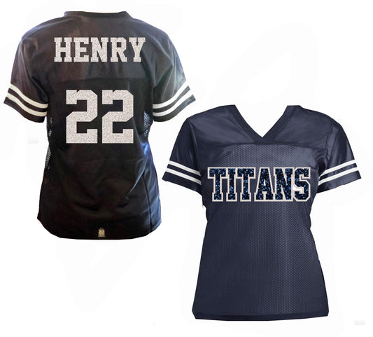 Titans Derrick Henry 22 Glitter Jersey Football Ladies Shirt