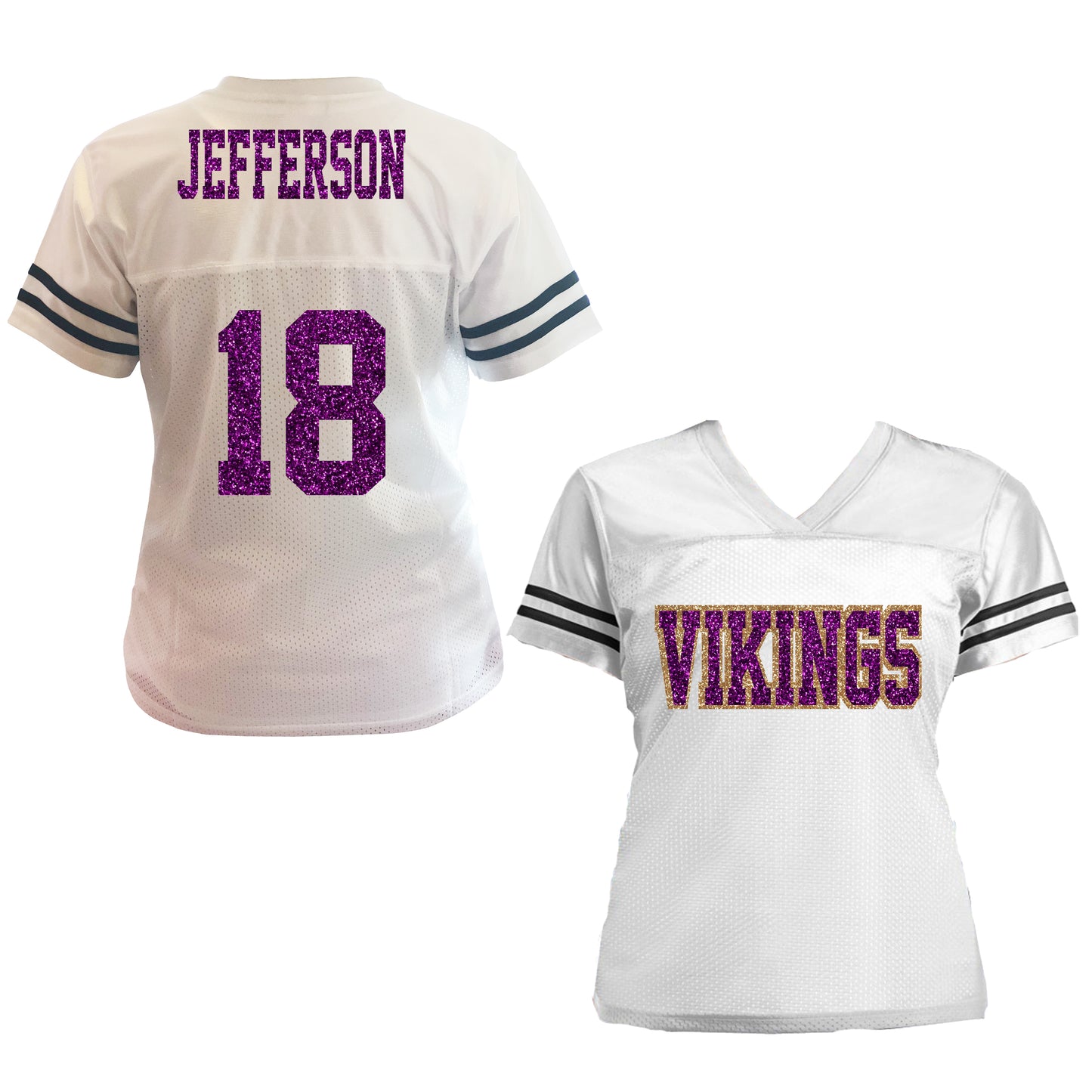 Vikings Justin Jefferson Glitter Football Jersey for Women, White Purple & Gold