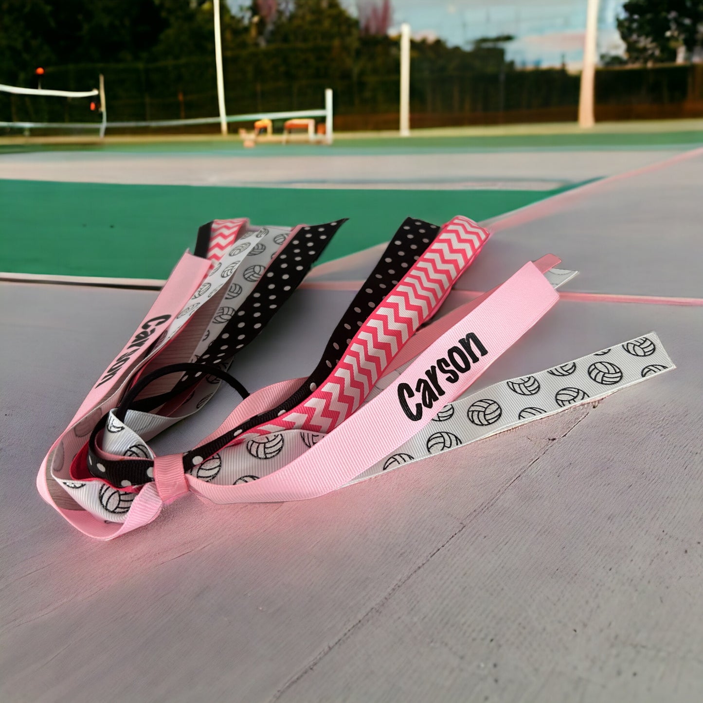 Sporty Ponytail Bow with Glitter Ribbon and her Name, Soccer Softball and more