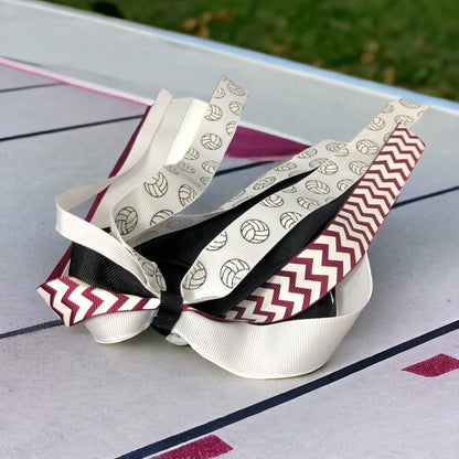 Softball Ponytail Bow in Red Polka, Gray Chevron, White Ribbons