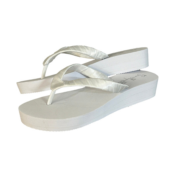 White High 3.5 Inch Wedge Flip Flops with Large Rhinestone Jewel Centerpiece