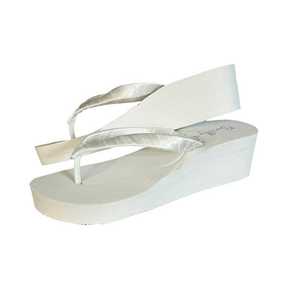 White High 3.5 Inch Wedge Flip Flops with Large Rhinestone Jewel Centerpiece