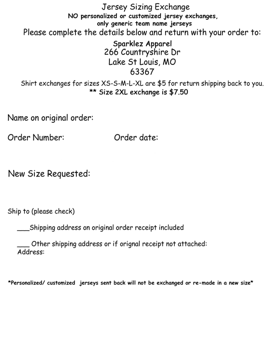 Jersey Sizing Exchange - 1 shirt