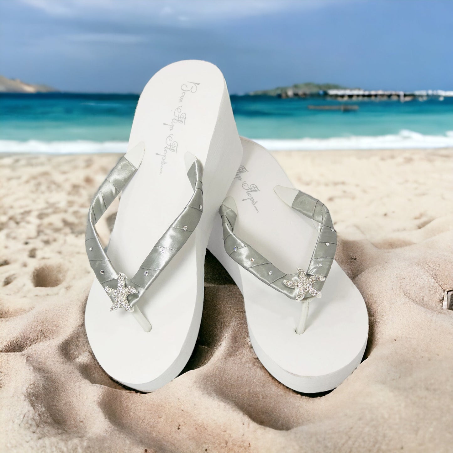 Silver Starfish High Wedge Flip Flops with Swarovski Rhinestone Accents, Choose Heel Height & Colors