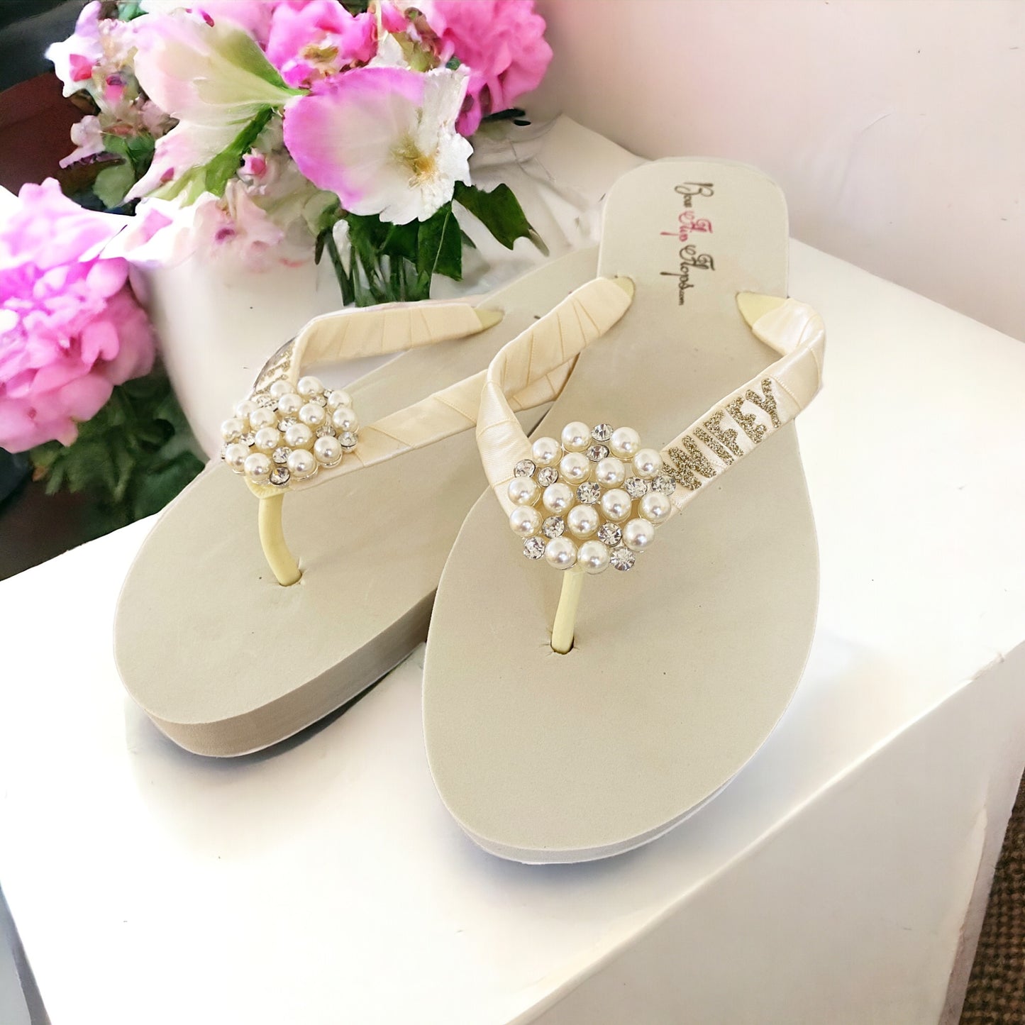 Bride Fleur de Lis Glitter Wedge or Flat Heel Flip Flops