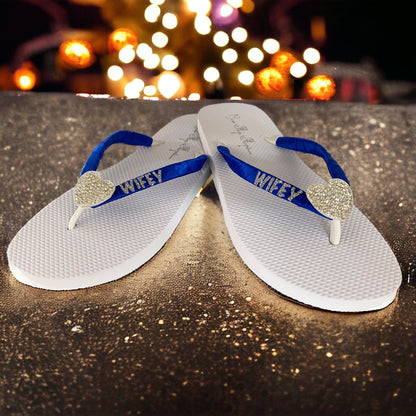 Royal Blue & Silver Wifey Glitter & Rhinestone Flip Flops