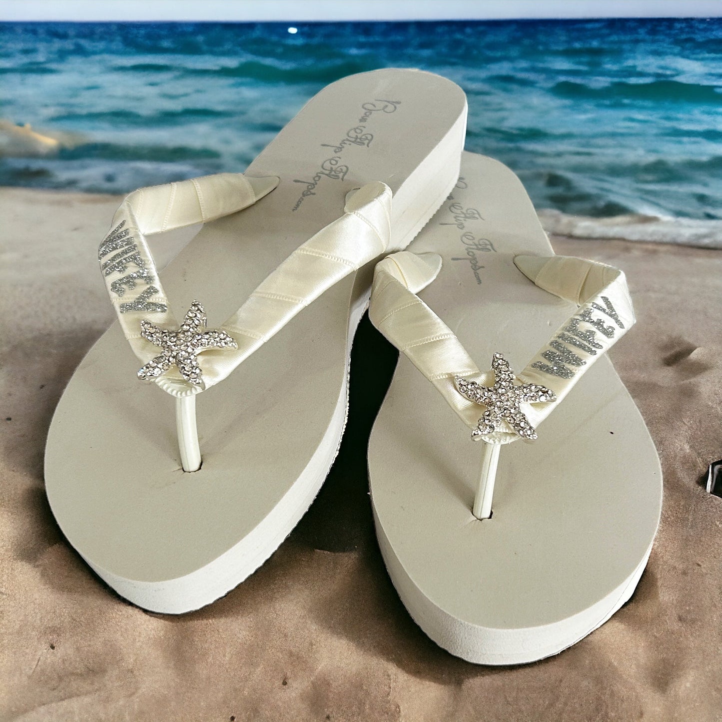 Bride Rhinestone Heart Bling Flip Flops on Ivory 2 Inch Wedge Heel, Customize Yours