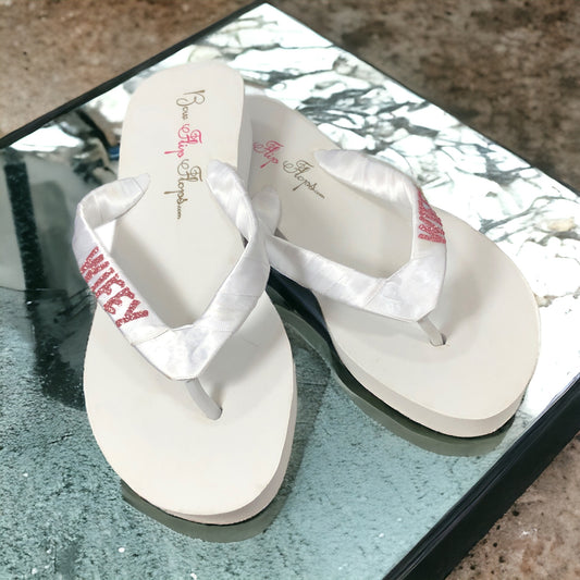 Wifey White Wedding Flip Flops with Rose Gold Pink Glitter