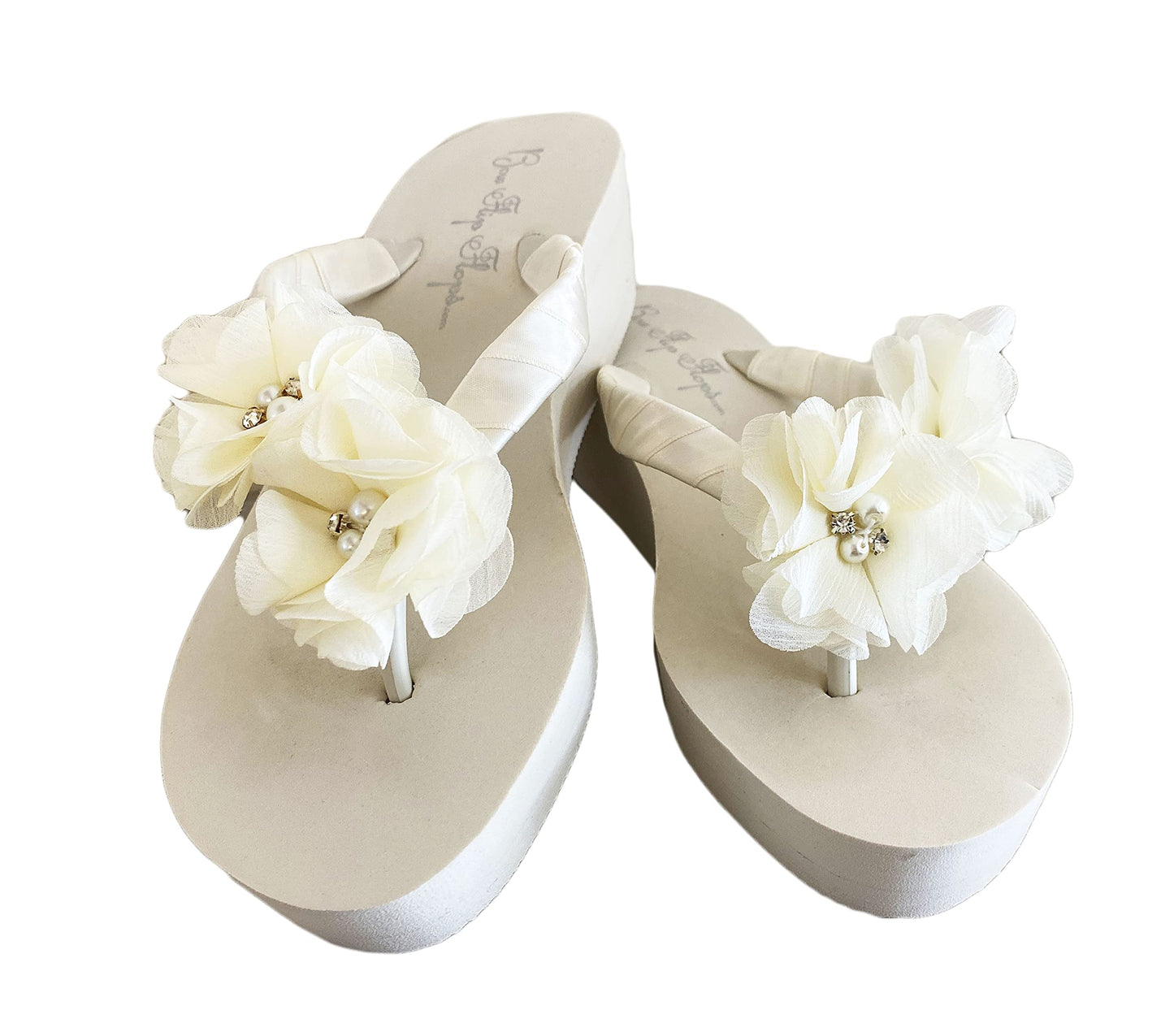 Ivory 2 Inch Flip Flops with Chiffon Pearl & Rhinestone Flowers