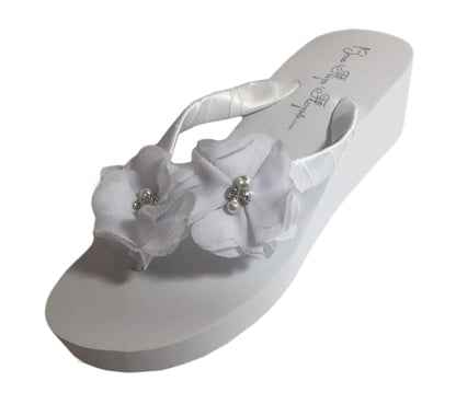 Ivory 2 Inch Flip Flops with Chiffon Pearl & Rhinestone Flowers