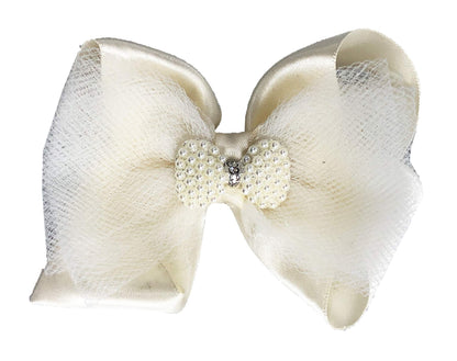 Pearl & Rhinestone Hair Bow with Satin and Tulle, Clip for Girls, Flower Girl, Baptism, Pictures, Medium