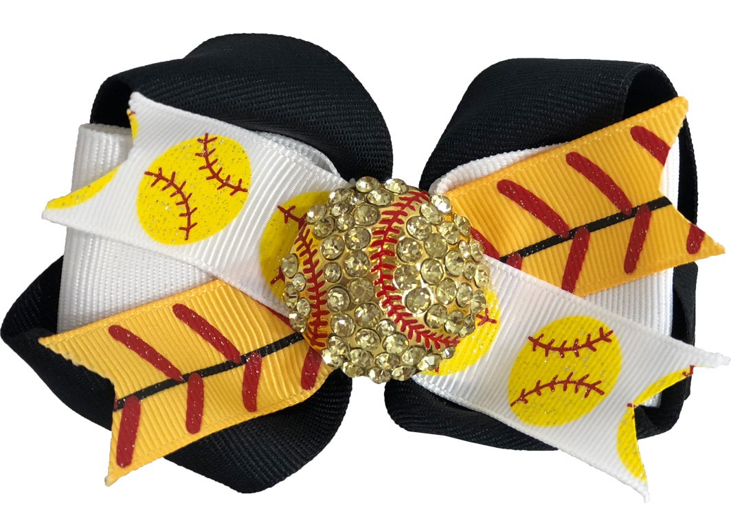 Hair Bow - Softball Glitter Ribbons with Rhinestone Bling