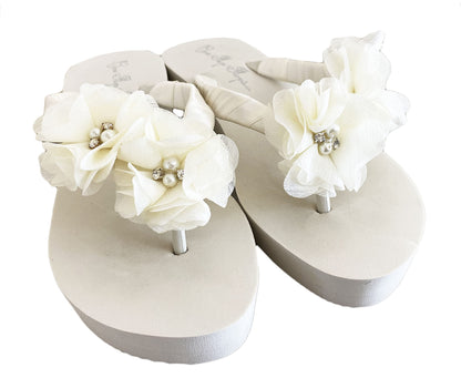 Ivory 2 Inch Flip Flops with Chiffon Pearl & Rhinestone Flowers