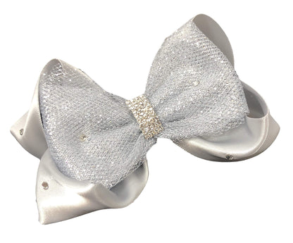 Silver Glitter Crystal Rhinestone Tulle Hair Bow Clip