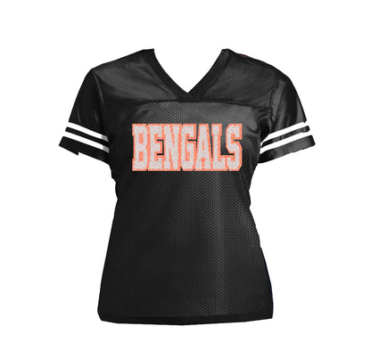 White Bengals Glitter Women's Football Jersey, Cincinnati Bling Shirt