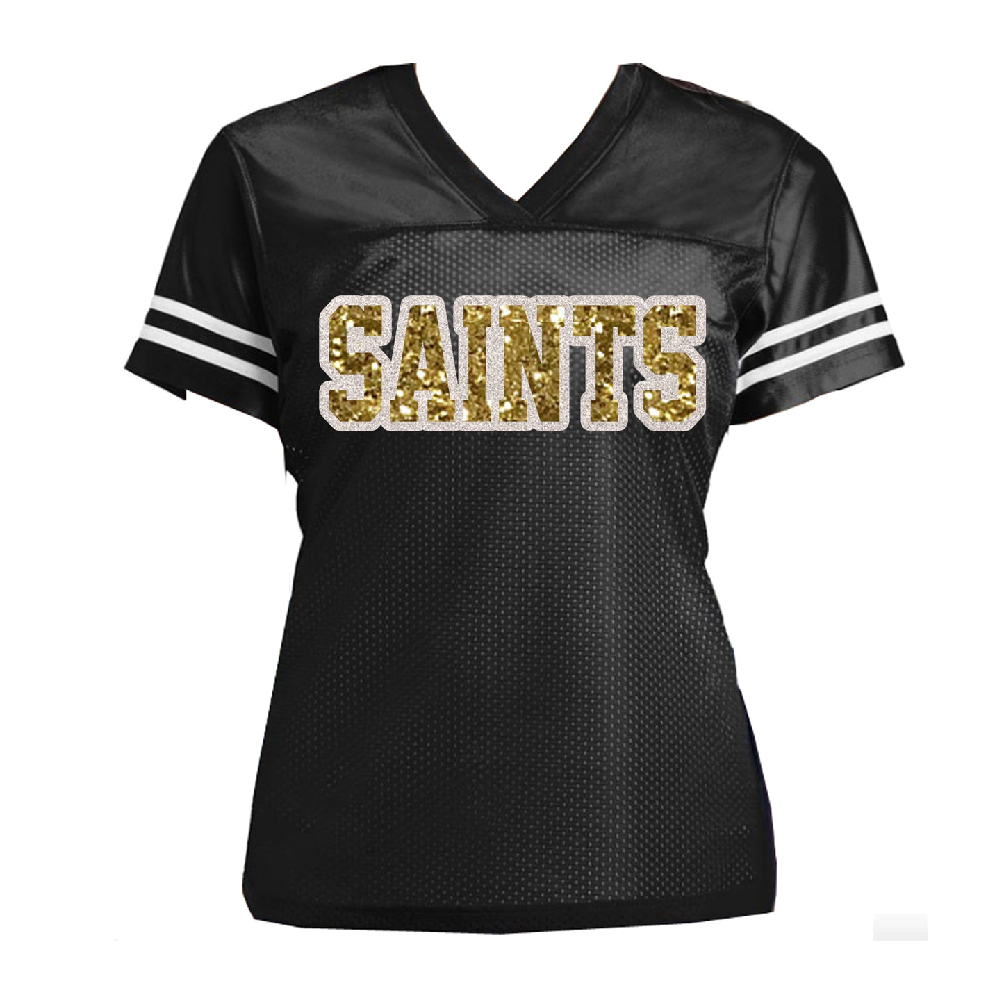 Saints White Gold Glitter Women’s Jersey Shirt, New Orleans Football